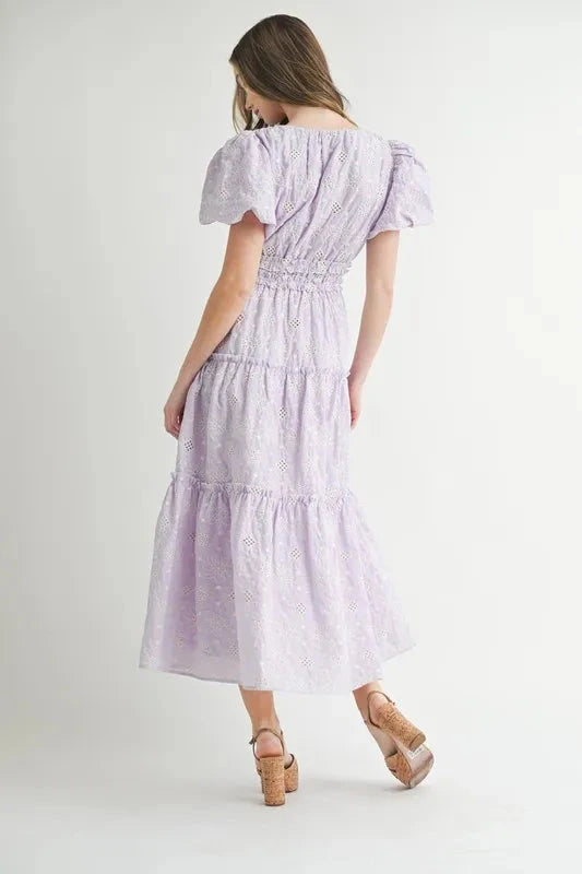 MABLE Eyelet Lace Puff Sleeve V Neck Midi Dress