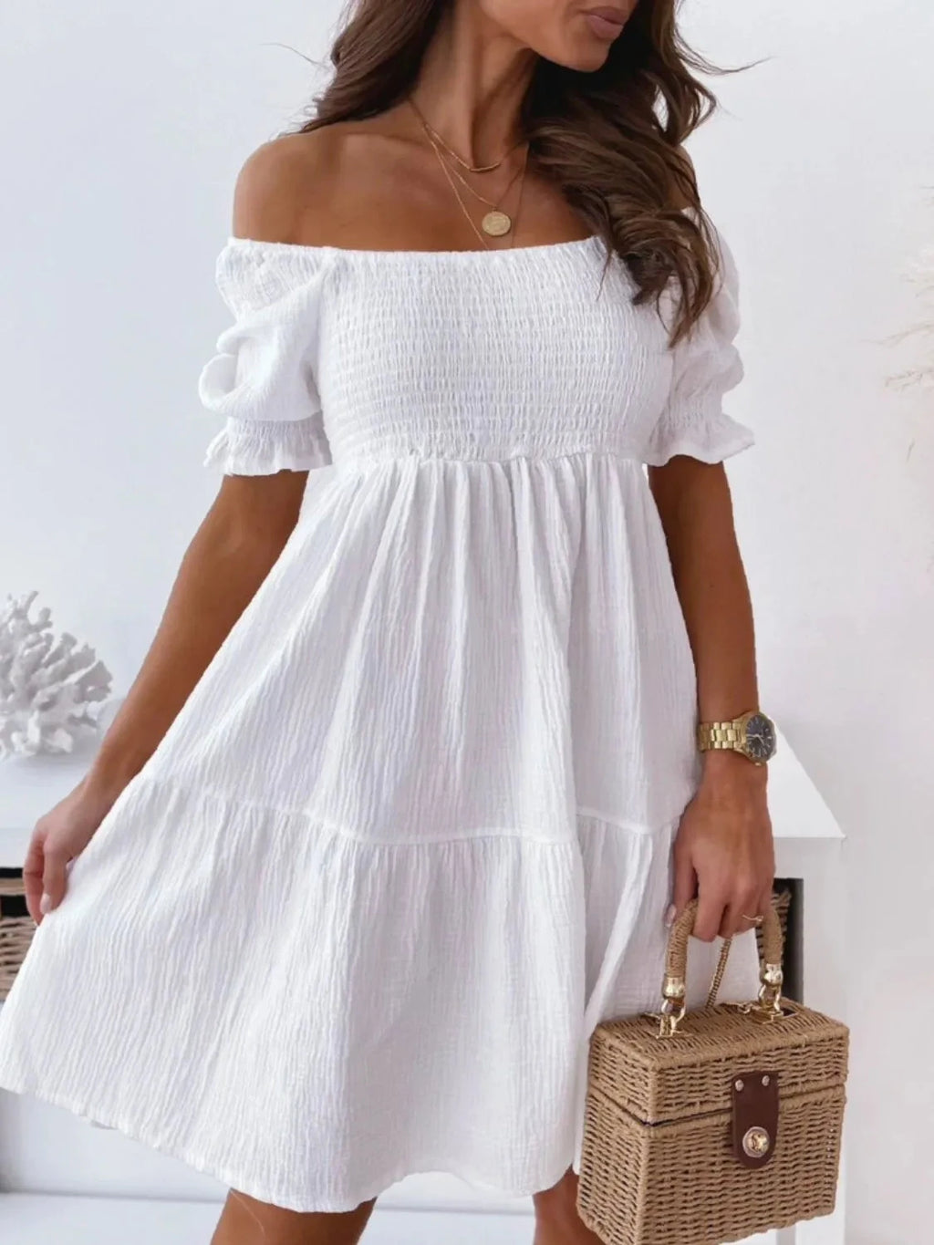 Smocked Off-Shoulder Mini Dress
