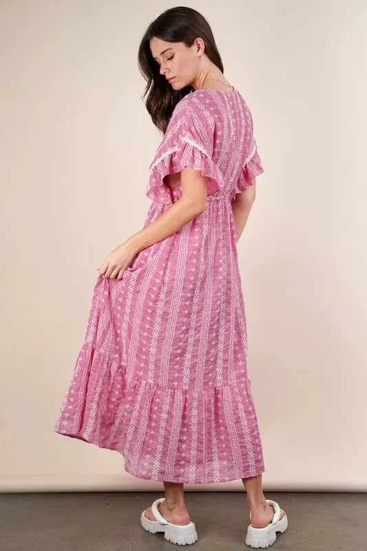 VERY J Embroidered Boho Ruffled Midi Dress