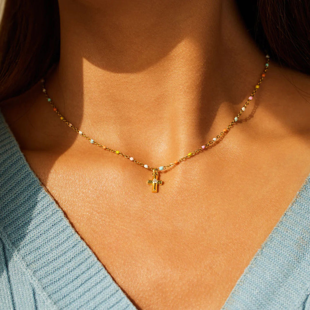 Inlaid Zircon 18K Gold-Plated Cross Bead Necklace - Laazaar