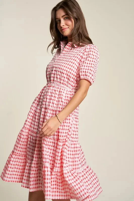 Davi & Dani Puff Short Sleeve Ruffle Shirt Dress