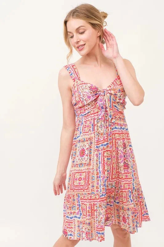 And The Why Tied Front Smocked Back Tiered Boho Printed Dress