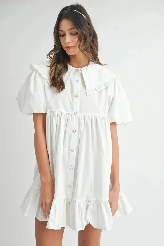 MABLE Ruffled Hem Peter Pan Collar Button Down Mini Dress