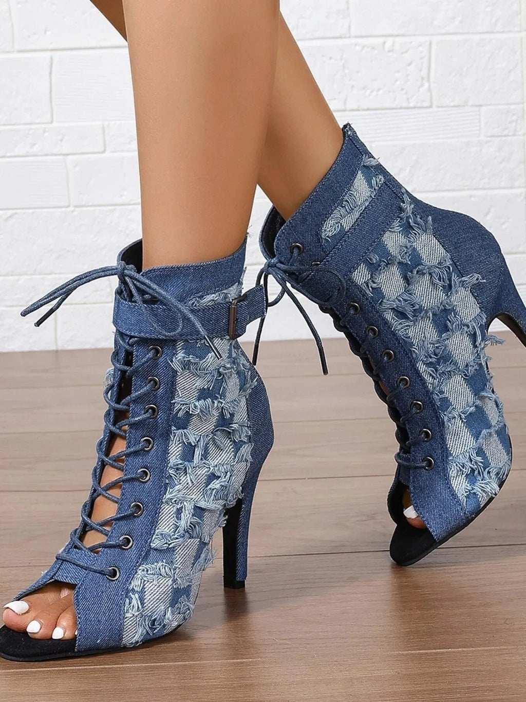 Distressed Denim Lace-Up Peep Toe Ankle Boots