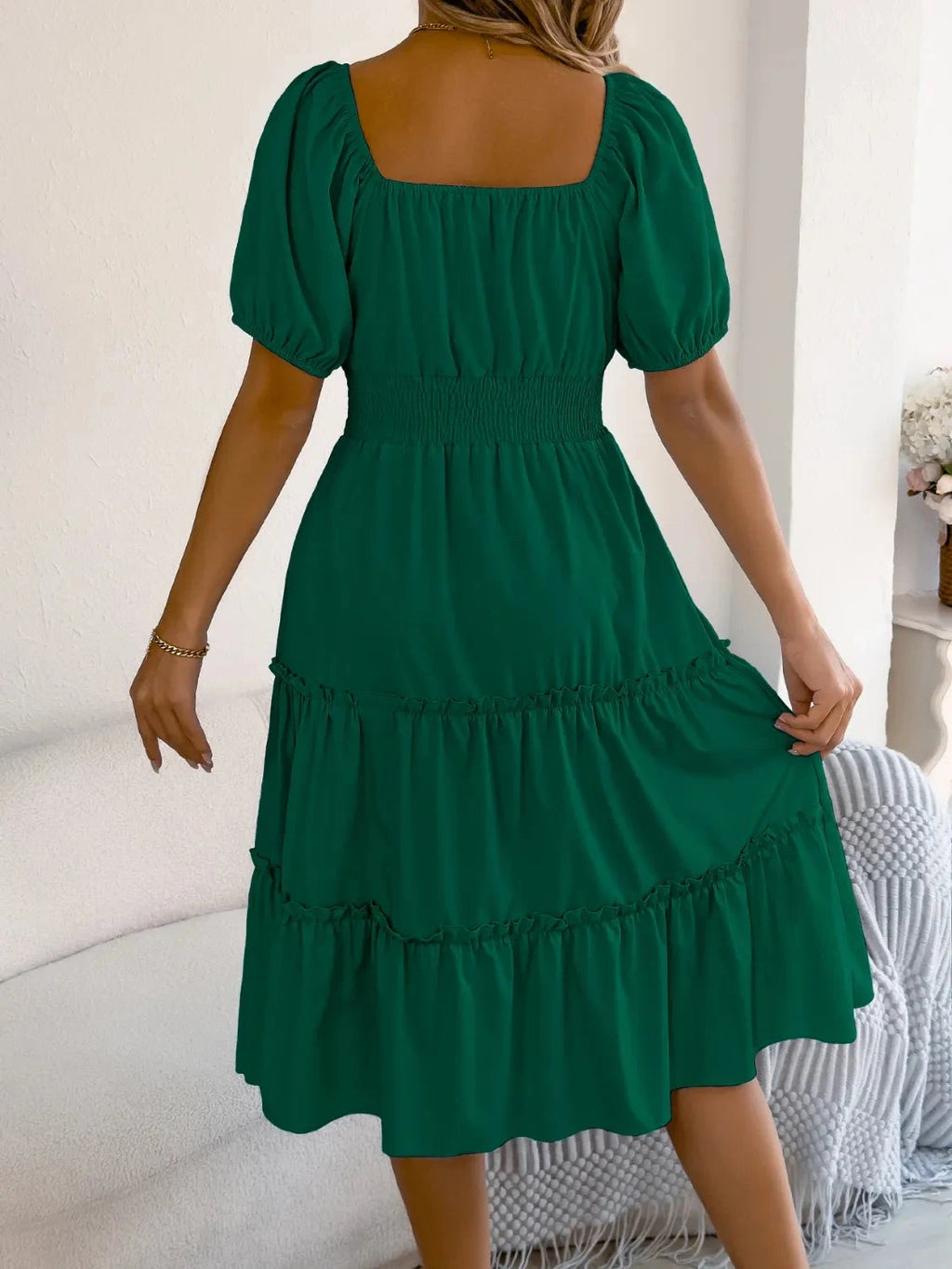 Square Neck Short Puff Sleeve Dress