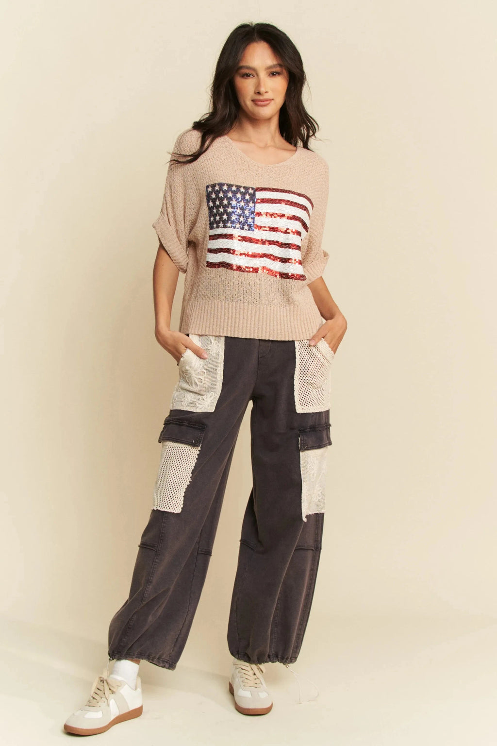 Davi & Dani Sequin American Flag Patch Short Sleeve Knit Top