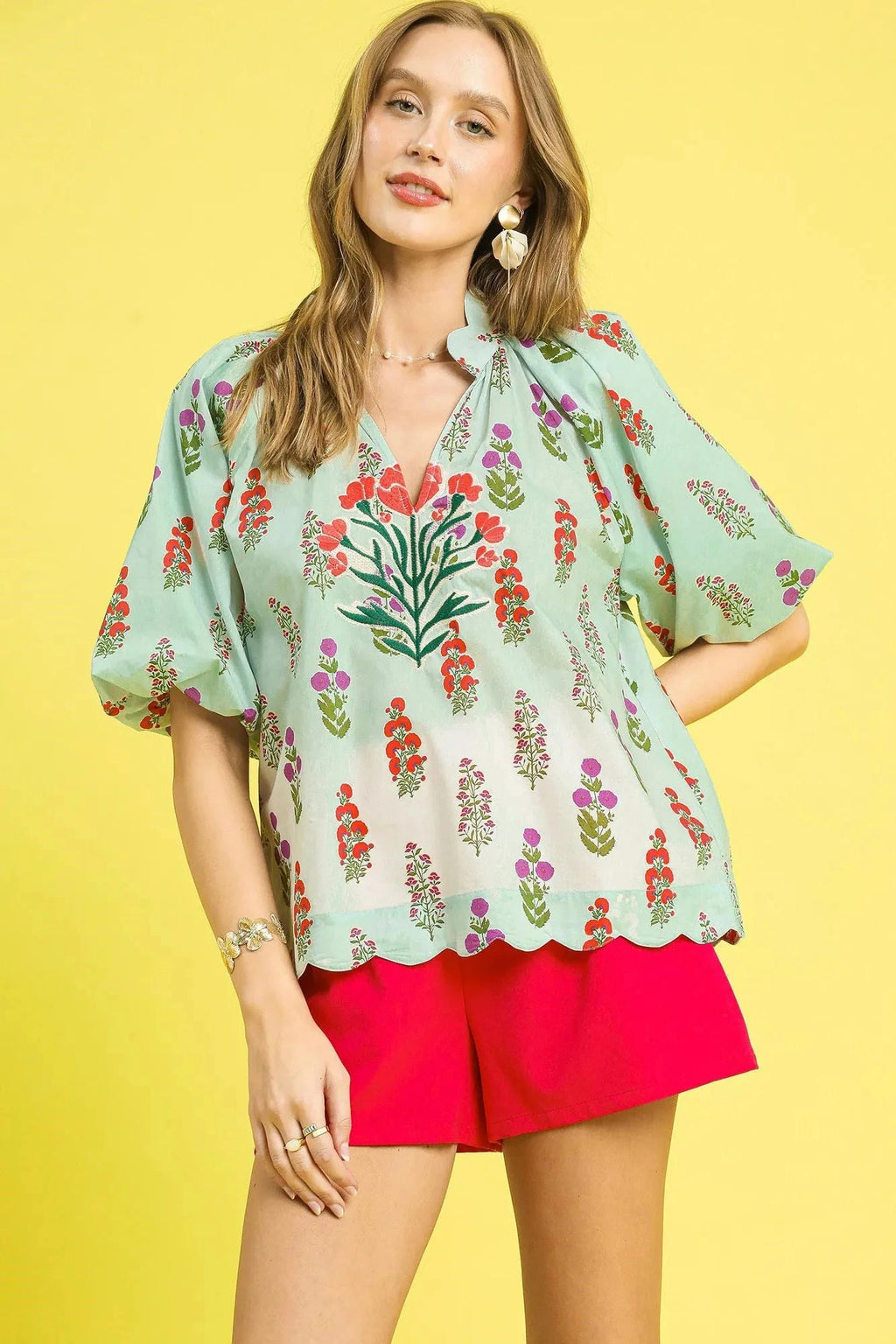 Umgee Floral Print Scalloped Hem Puff Sleeve Blouse