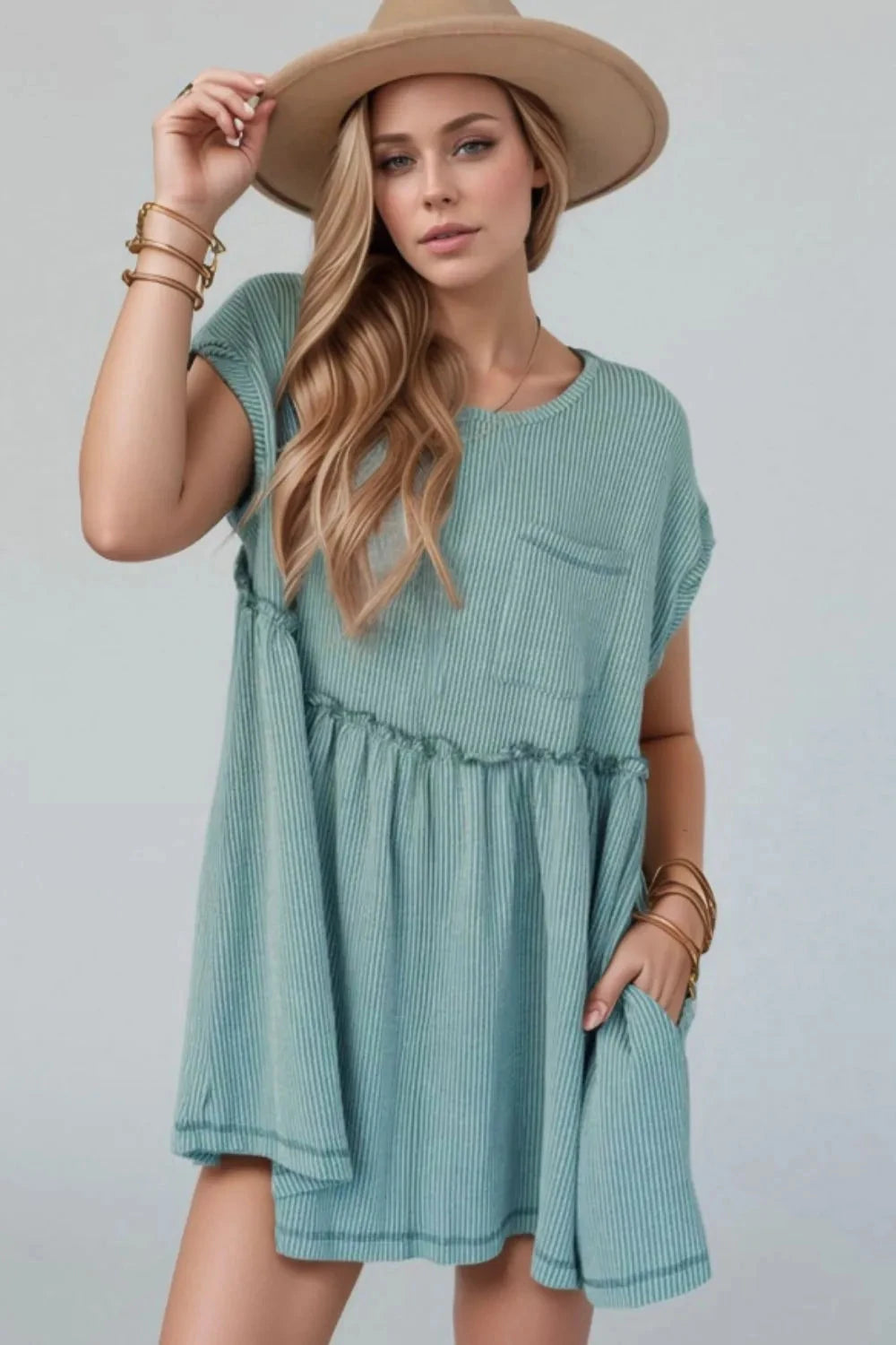 Frill Round Neck Cap Sleeve Mini Dress