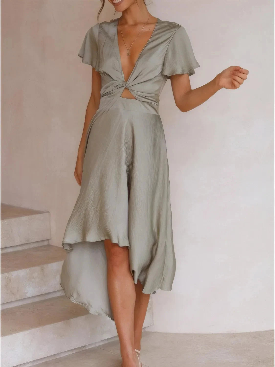 High-Low Plunge Flutter Sleeve Dress