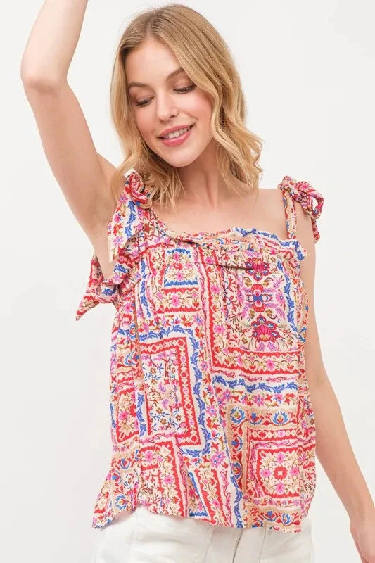 And The Why Ruffled Neck Tied Strap Boho Printed Swing Top
