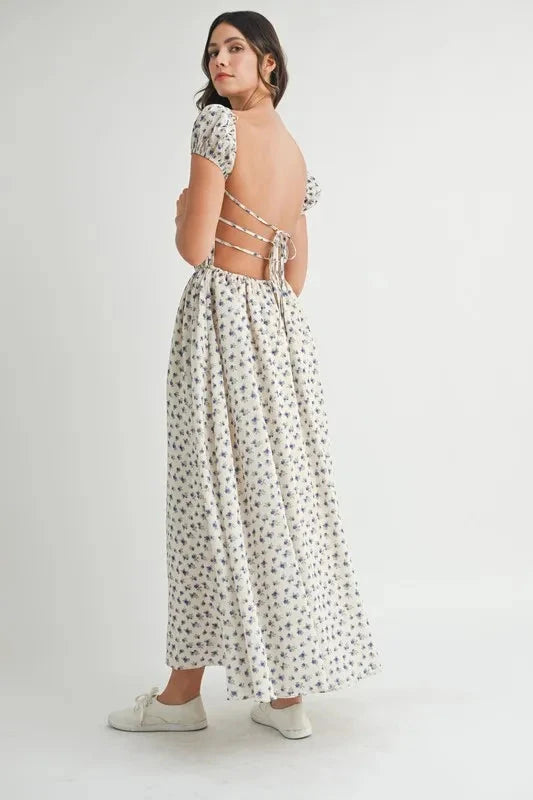 MABLE Floral Print Puff Sleeve Gathered Midi Dress