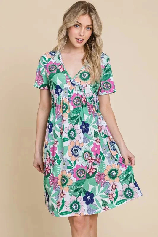 BOMBOM Ruched Floral V-Neck Short Sleeve Dress
