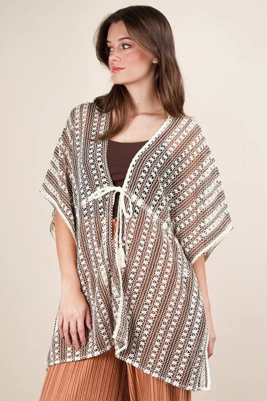 VERY J Full Size Striped Poncho Boho Cardigan Plus Size