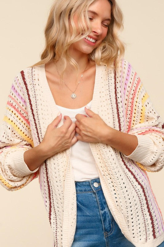 Haptics Full Size Striped Crochet Open Front Cardigan - Laazaar