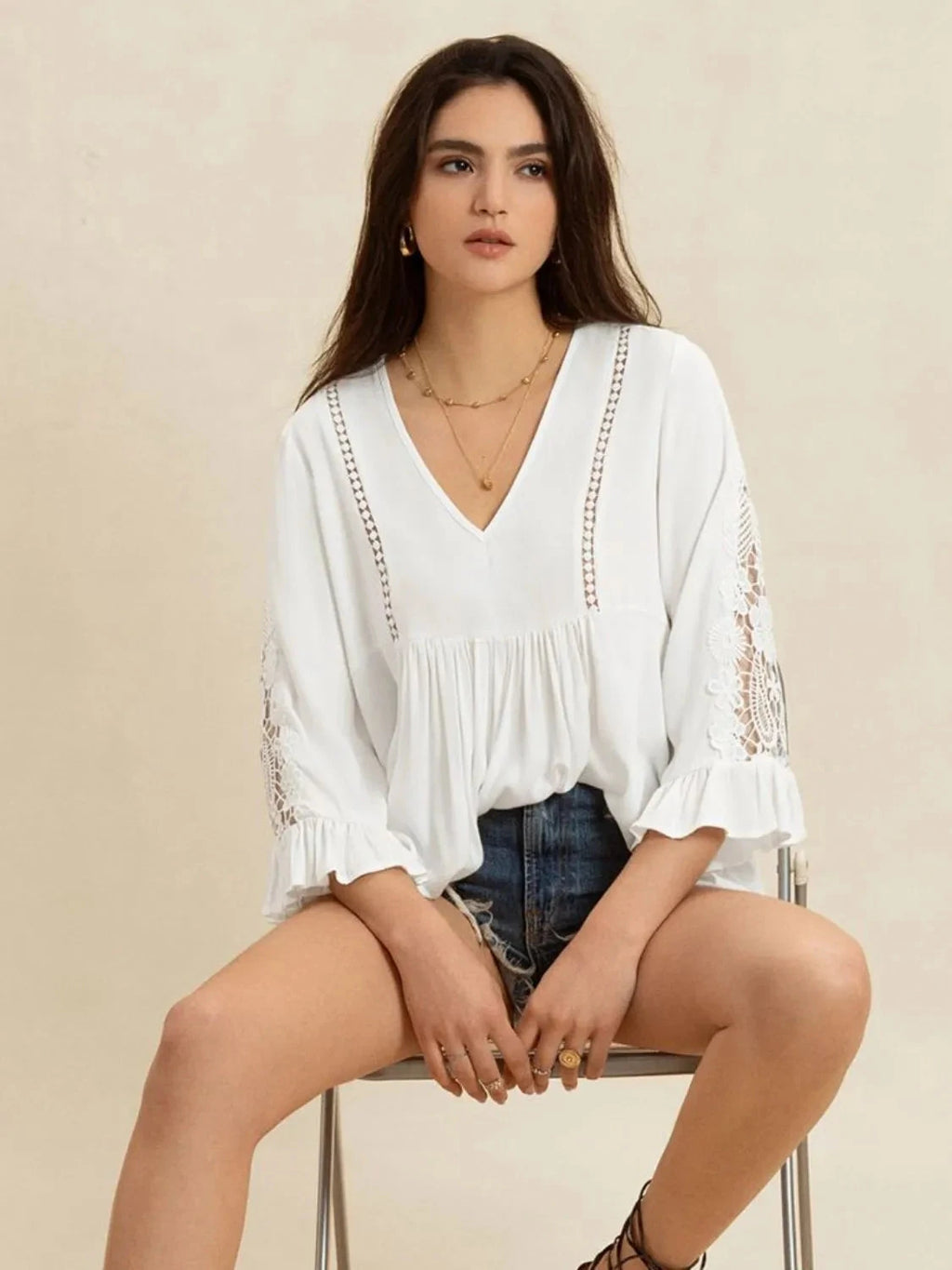 V-Neck Lace Flounce Sleeve Top