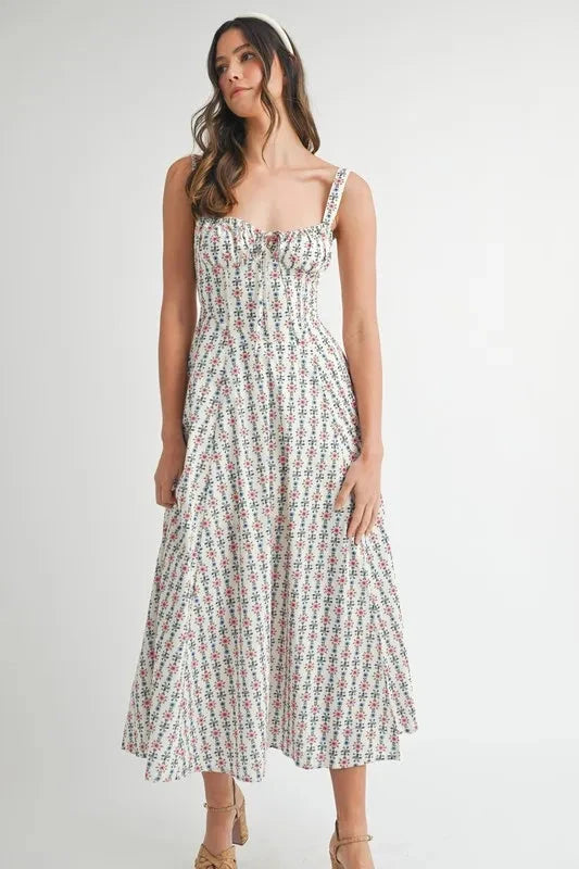 MABLE Floral Print Bustier Back Lace Up Midi Dress