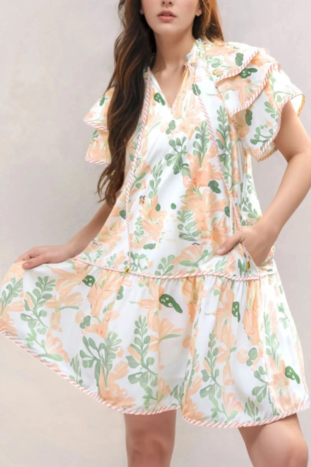 Floral Tie Neck Layered Short Sleeve Dress