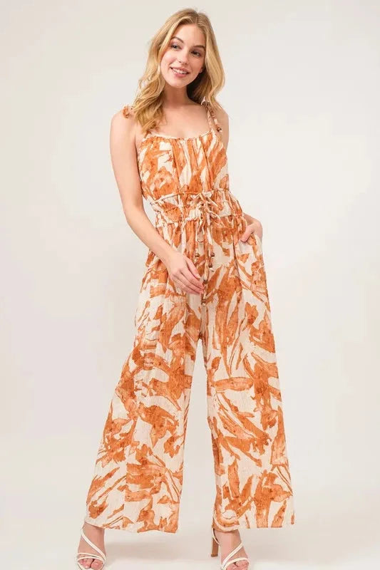 And The Why Waist Strings Abstract Print Wide Leg Jumpsuit