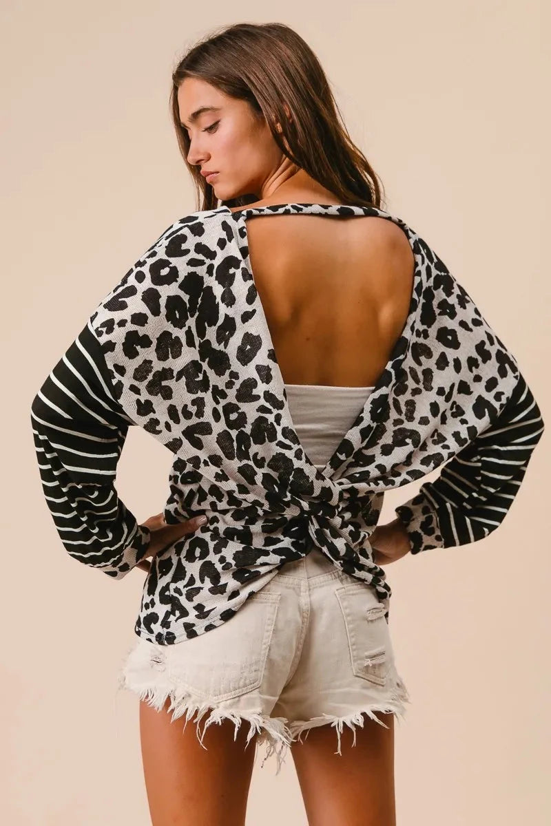 BiBi Leopard Hacci Knit Twist Back Top With Stripe Sleeve