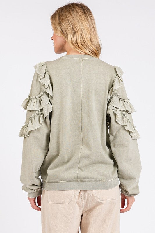 Mittoshop Ruffled Mineral Washed Round Neck Long Sleeve Sweatshirt - Laazaar