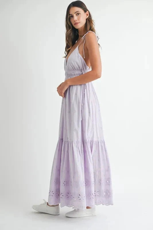 MABLE Eyelet Lace Maxi Dress With Side Strap Details
