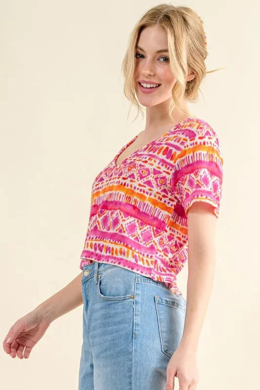 And The Why Printed V Neck Cropped T-Shirt