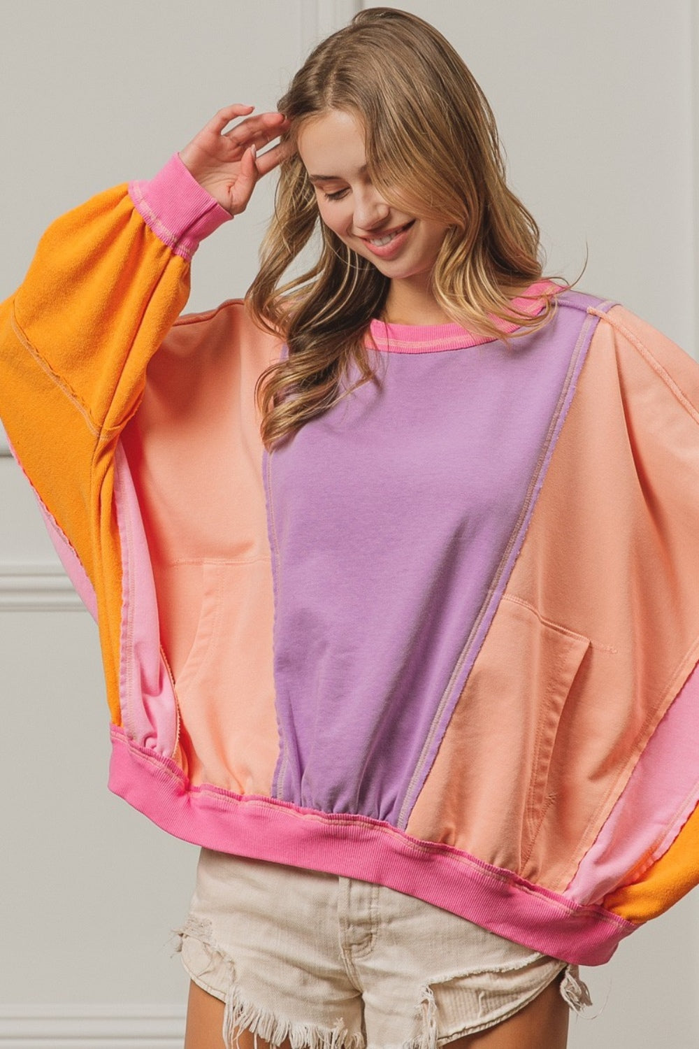 BiBi Color Block Exposed Seam Sweatshirt with Pockets - Laazaar