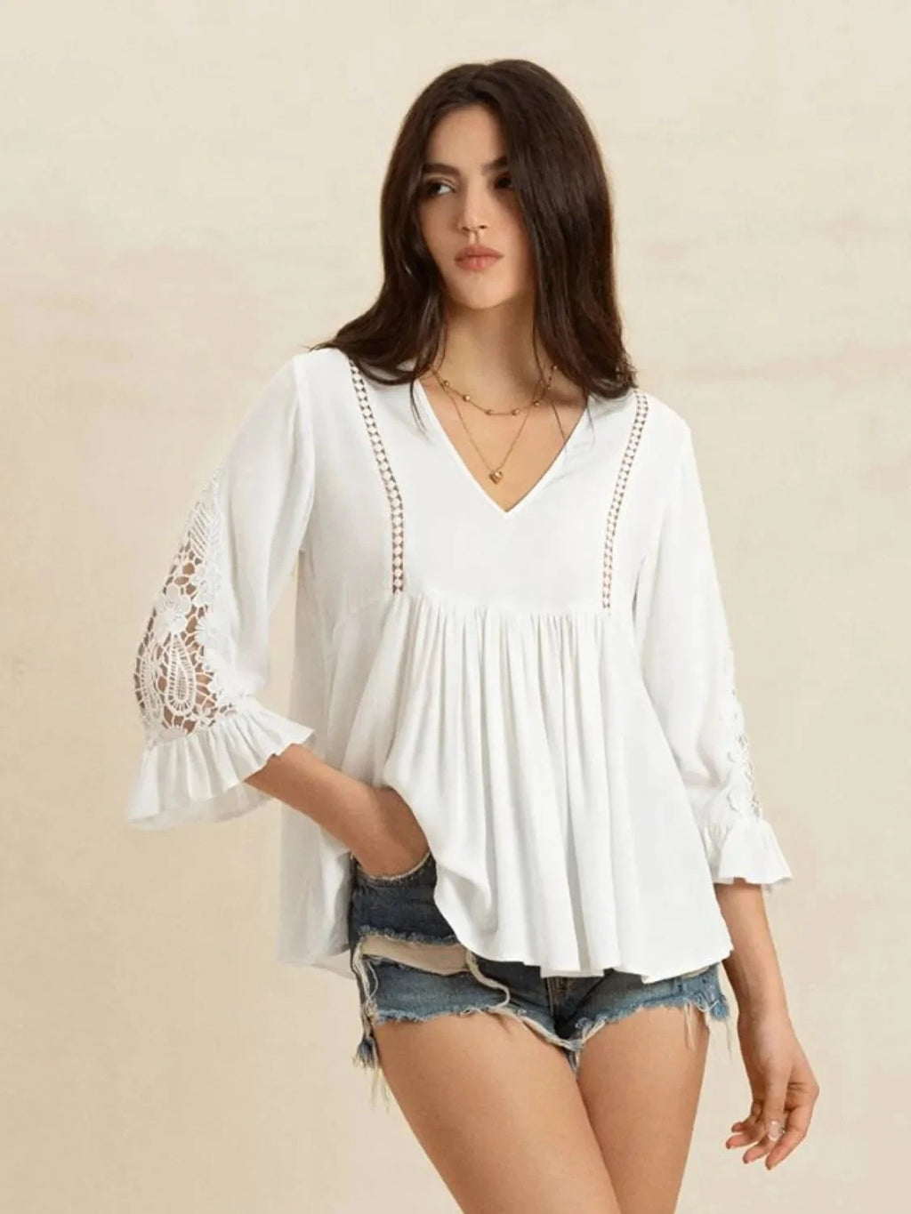 V-Neck Lace Flounce Sleeve Top