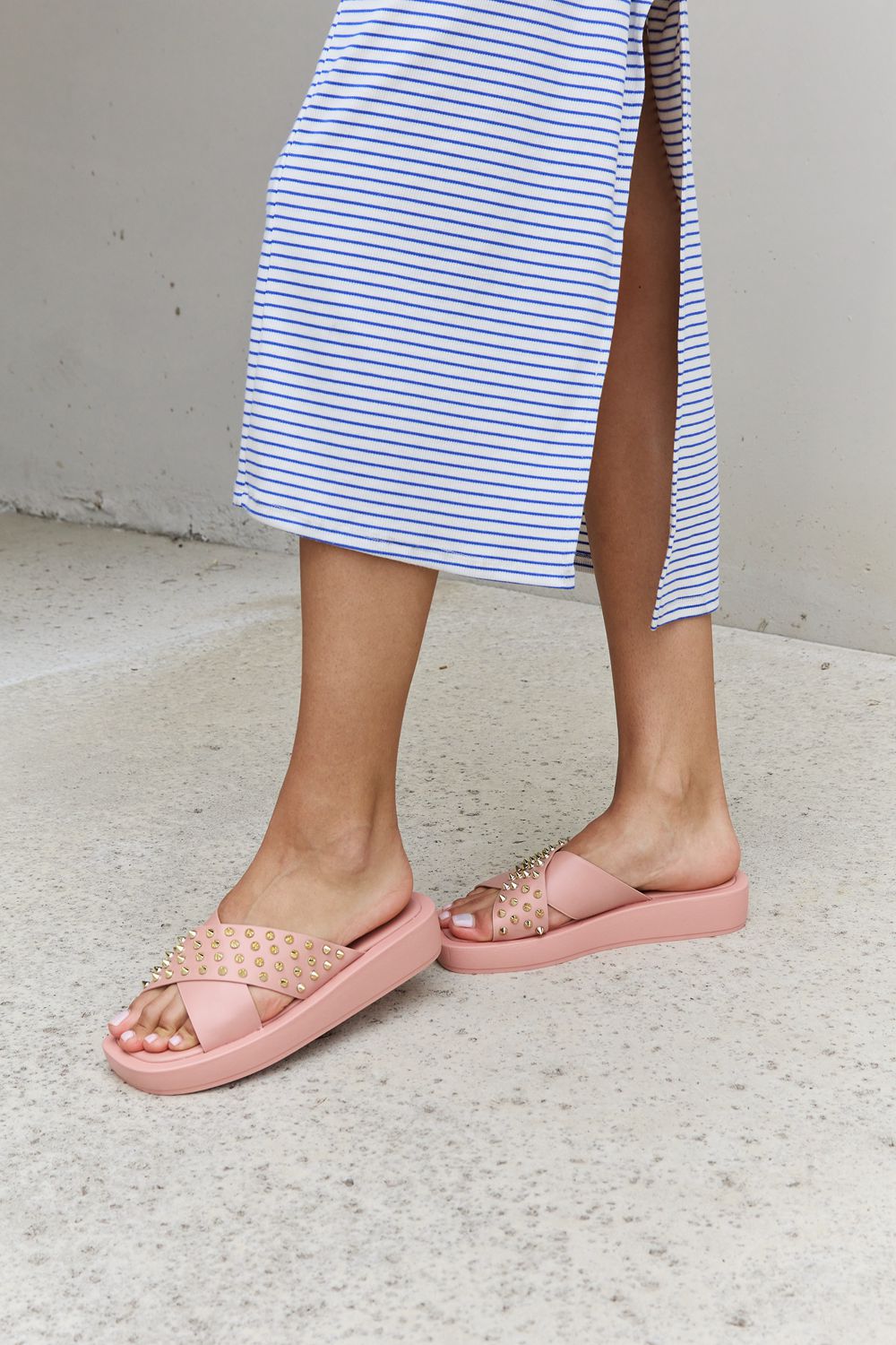 Forever Link Studded Cross Strap Sandals in Blush - Laazaar