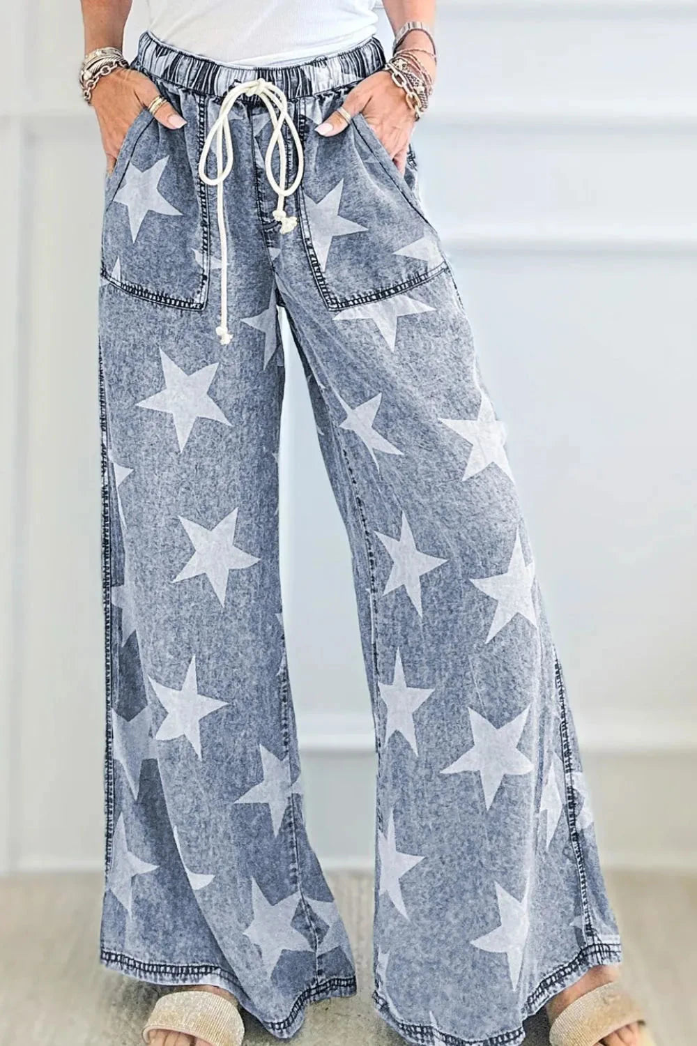 Star Print Washed Drawstring High Waist Wide Leg Jeans