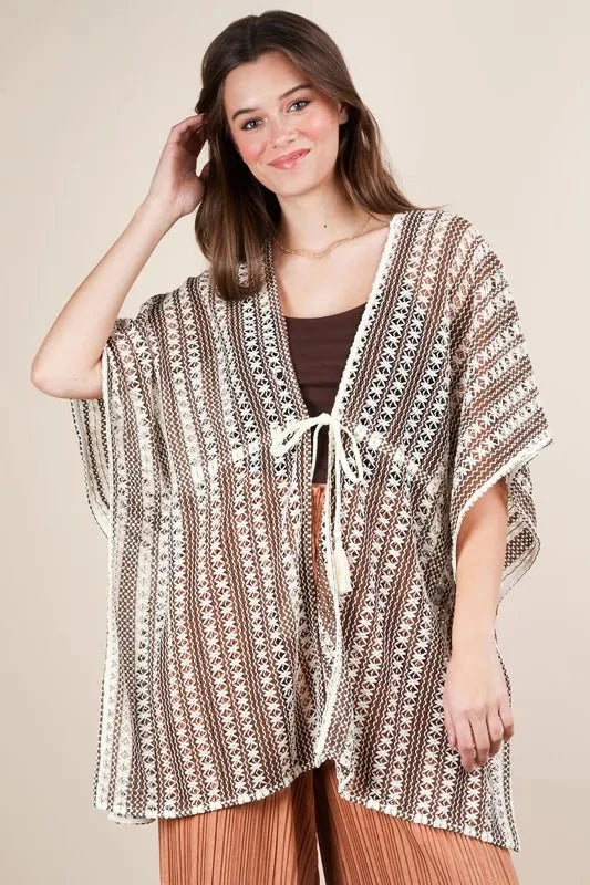VERY J Full Size Striped Poncho Boho Cardigan Plus Size