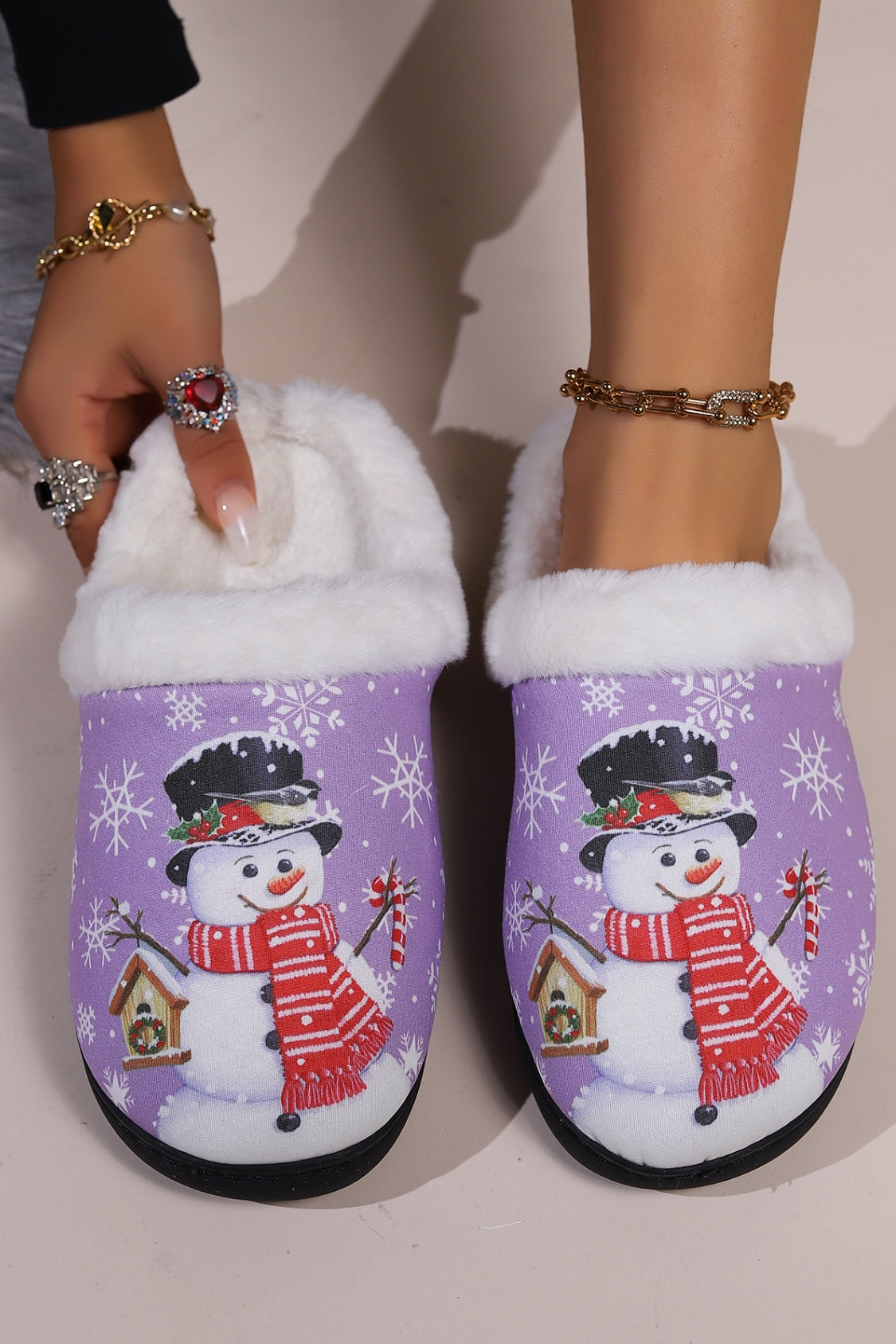 Snowman Round Toe Faux Fur Slippers - Laazaar