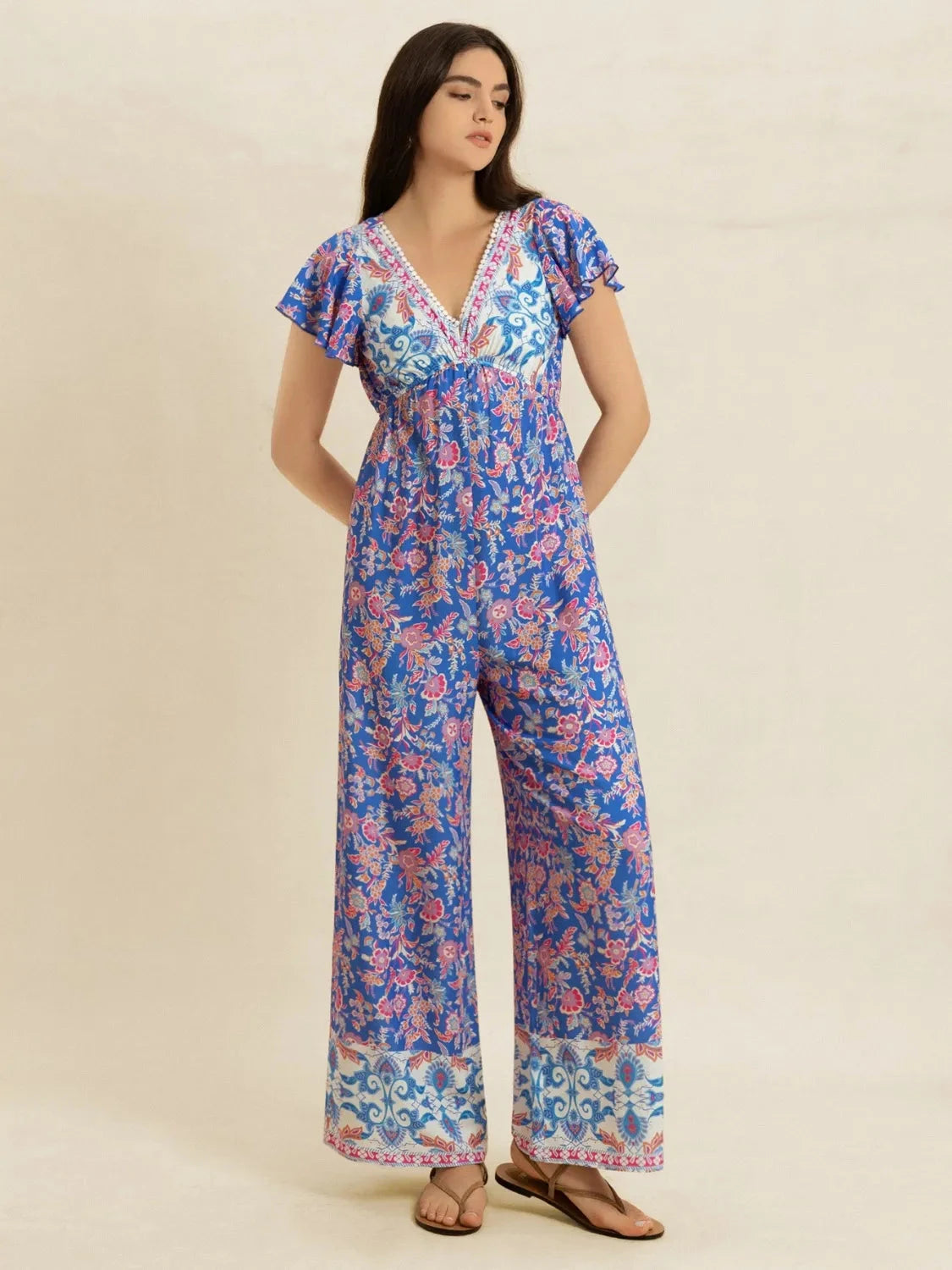 Printed V-Neck Wide Leg Jumpsuit