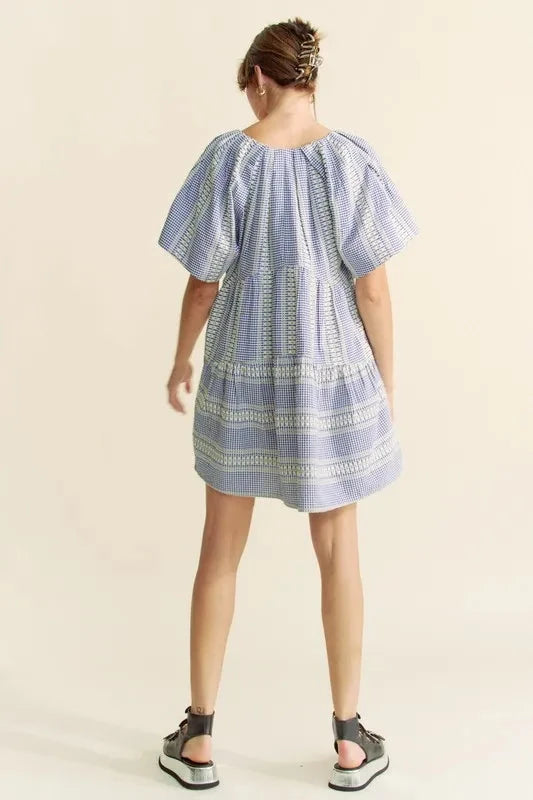 Davi & Dani Embroidered Stripe Ruffled Gingham Mini Dress
