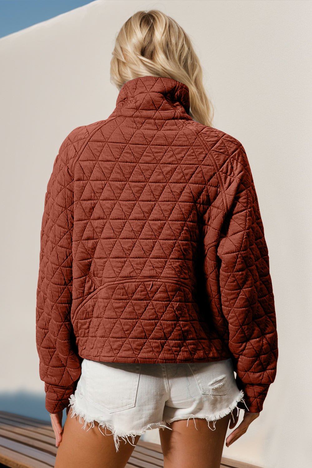 Double Take Half Zip Long Sleeve Quilted Sweatshirt with Pocket - Laazaar