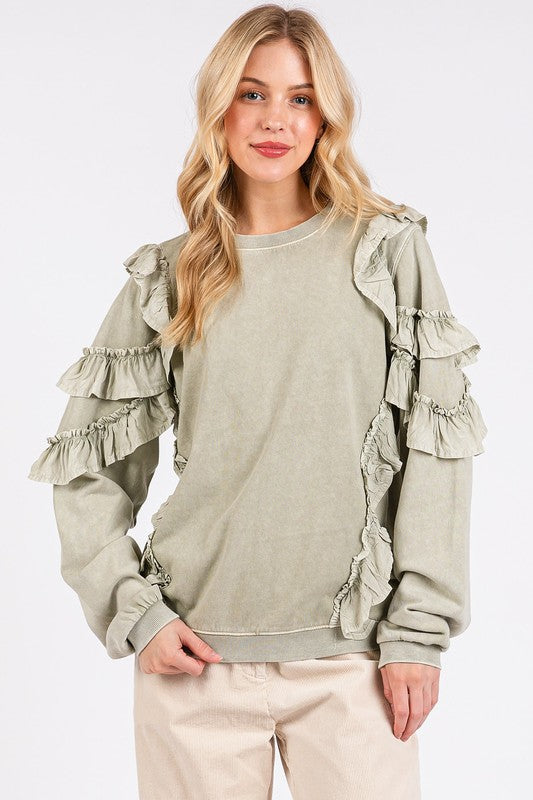 Mittoshop Ruffled Mineral Washed Round Neck Long Sleeve Sweatshirt - Laazaar