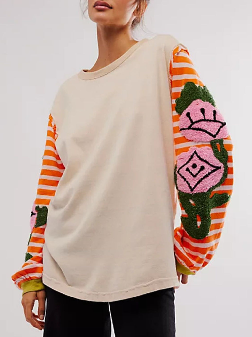 Striped Round Neck Long Sleeve Sweatshirt - Laazaar