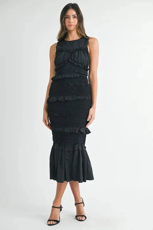 MABLE Ruffled Popcorn Smocked Mermaid Midi Dress
