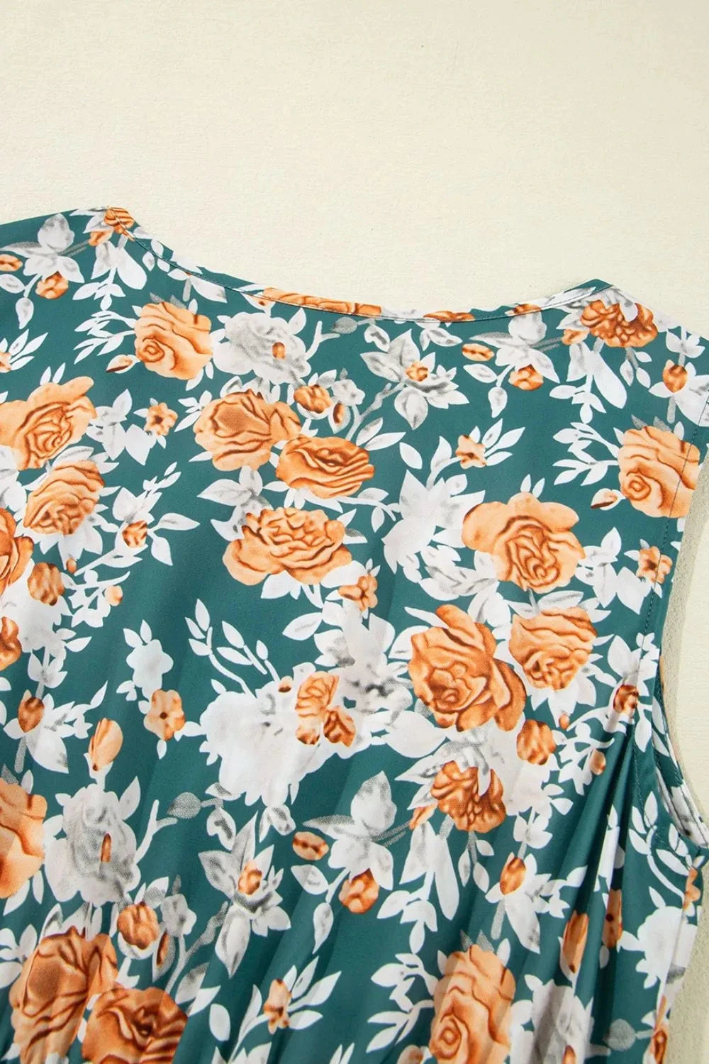 Floral Print Trimmed V Neck Tie Waist Sleeveless Dress