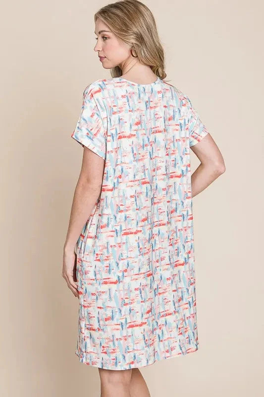 BOMBOM Printed Round Neck Short Sleeve Tee Dress