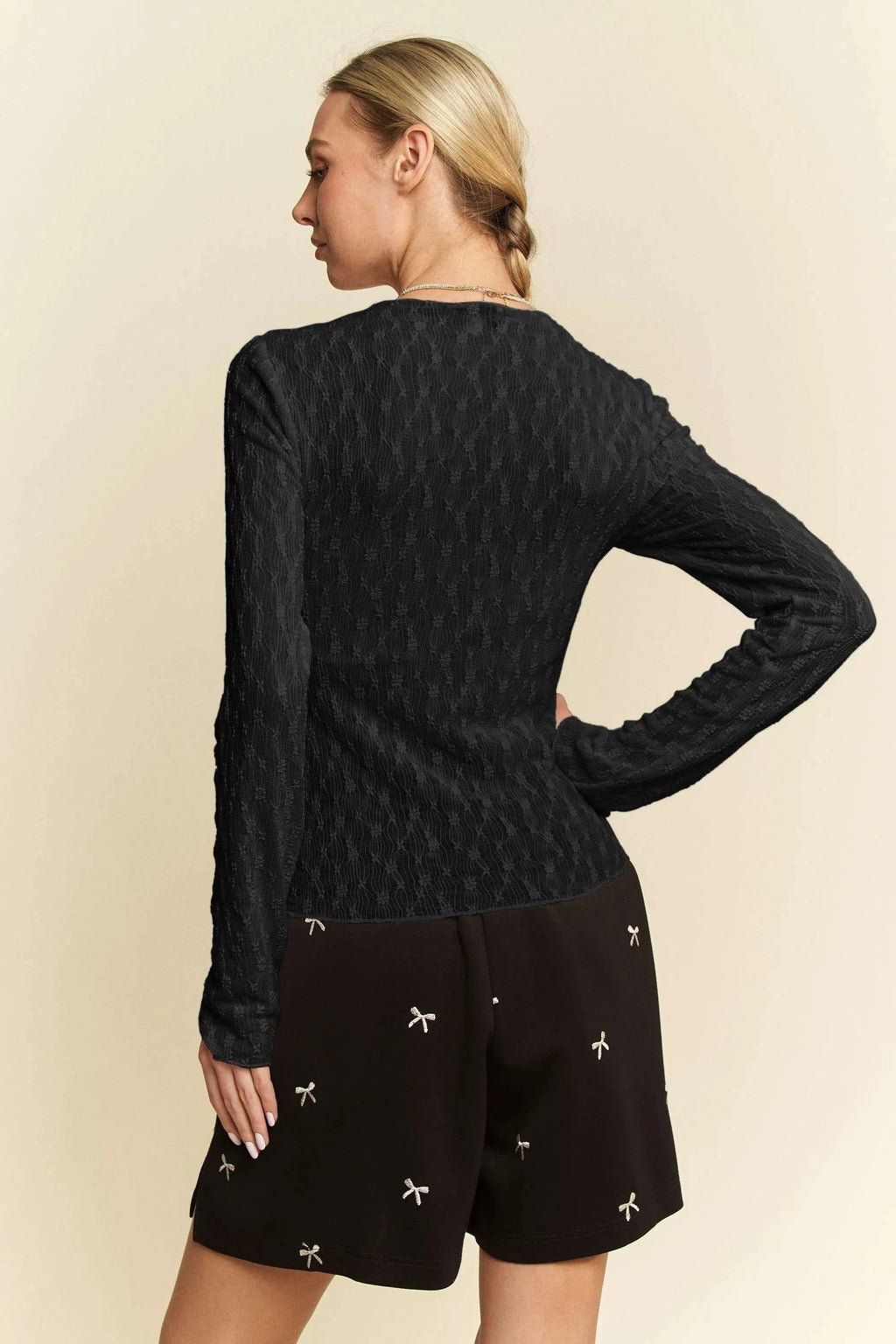 Davi & Dani Long Sleeve Sheer Small Embroidered Bows Lace Top