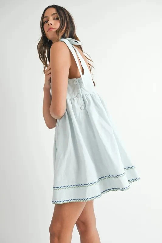 MABLE Zig Zag Embroidered Shoulder Tie Mini Dress