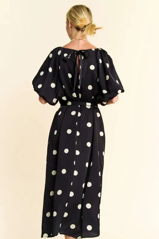 Davi & Dani Polka Dot Puff Sleeves Waist Tie Midi Dress