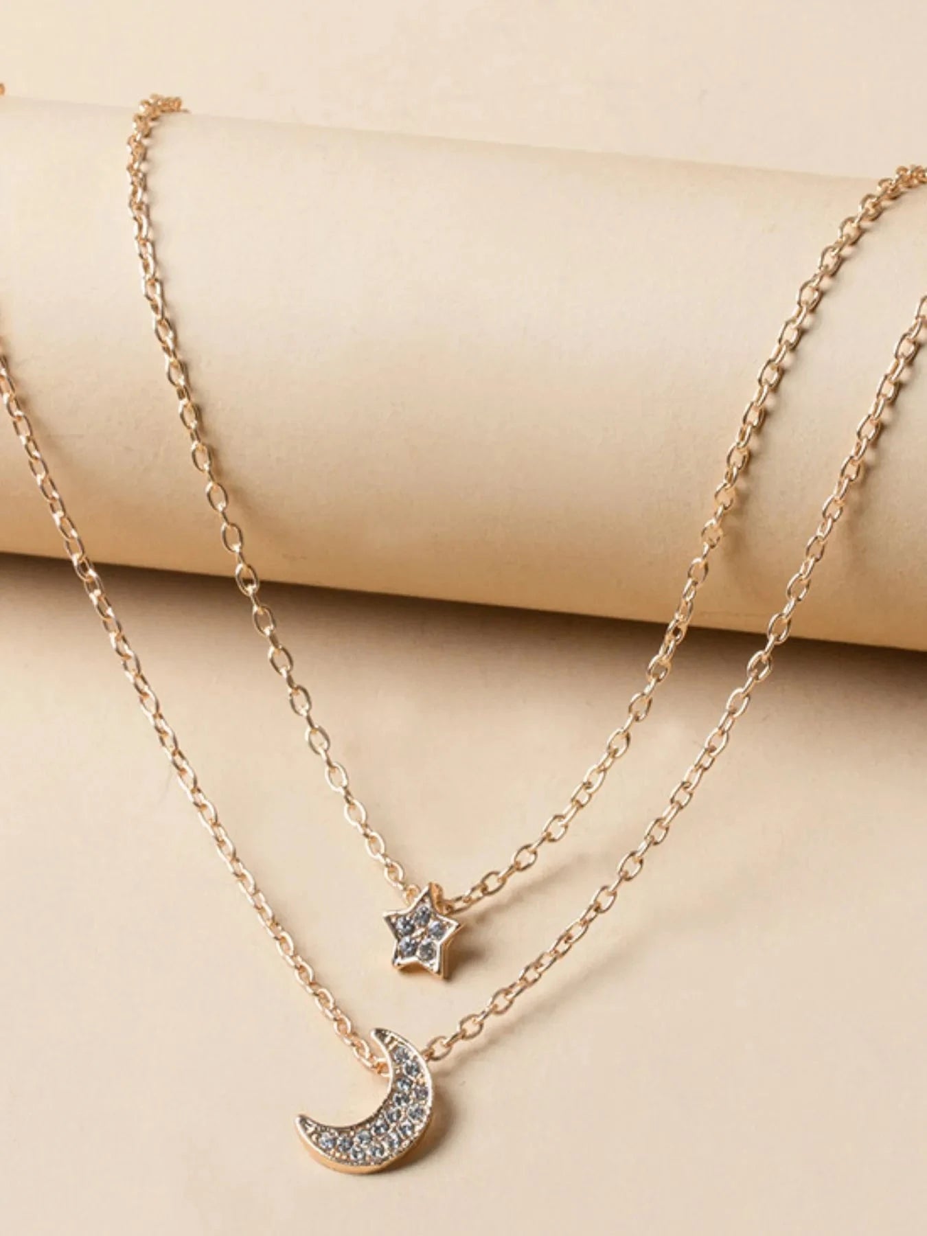 Double Layered Star and Moon Pendant Necklace