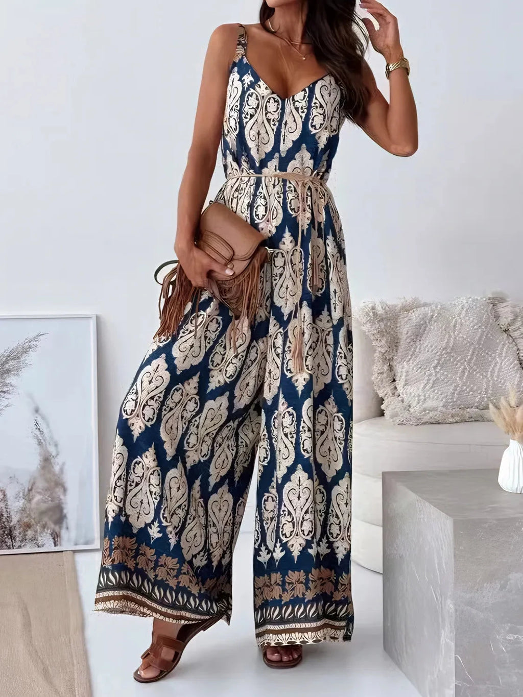 Printed V-Neck Wide Leg Jumpsuit