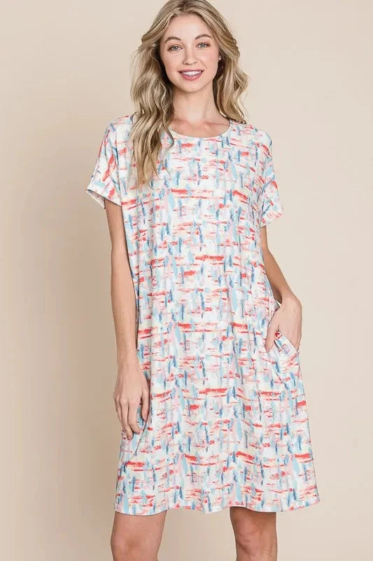 BOMBOM Printed Round Neck Short Sleeve Tee Dress