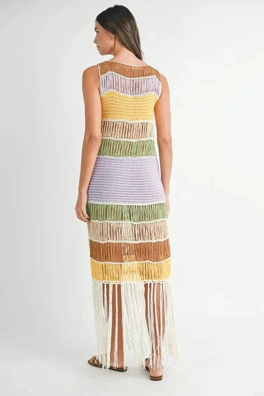 MABLE Multi Color Fringed Crochet Knit Dress