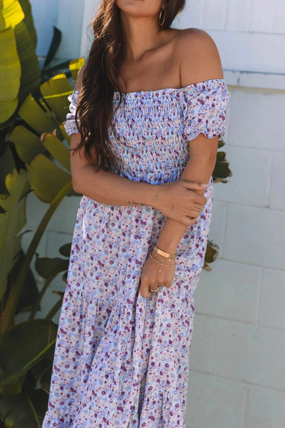 Tiered Floral Shirred High Waist Maxi Dress