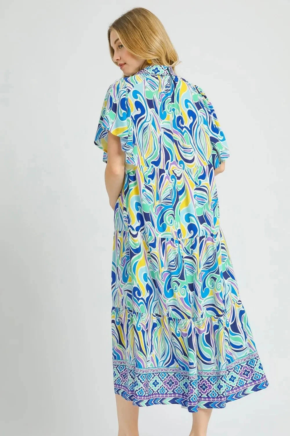 Umgee Printed Short Sleeve Tiered Midi Dress