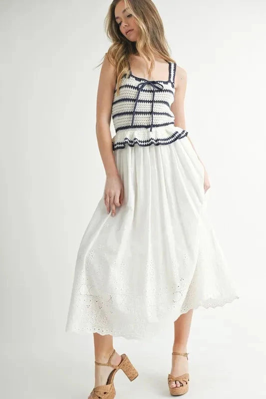 MABLE Crochet Stripe Knit Eyelet Mix Midi Dress
